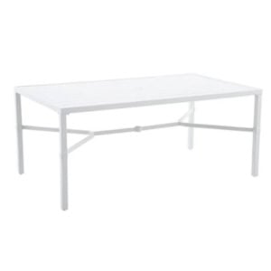 Rectangular white outdoor dining table with a slatted top and central umbrella hole.