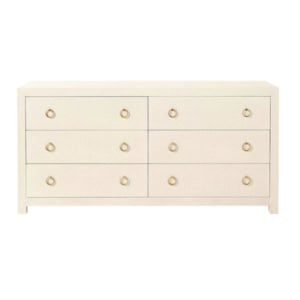Off-white six-drawer dresser with gold ring pulls.