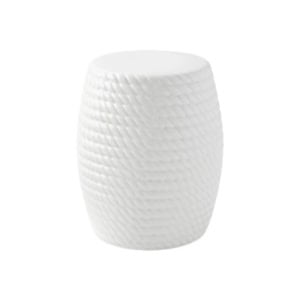 White barrel-shaped garden stool with a textured rope pattern.