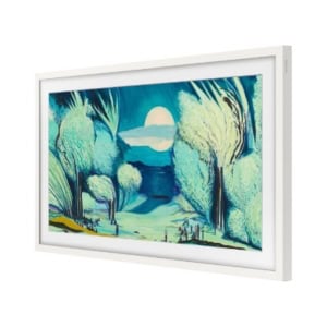 A flat-screen television with a white frame displaying a painting of a moonlit, snow-covered forest with figures standing in a clearing.
