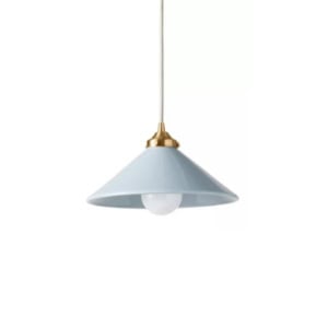 A light blue conical pendant lamp with a brass fixture and a white cord.