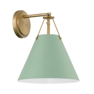 Wall-mounted lamp with a brass arm and a conical, sage-green shade.