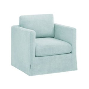 Light blue upholstered armchair with a skirted base.