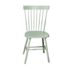 Pale green spindle-back dining chair.