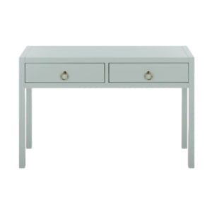 Light gray writing desk with two drawers and gold ring pulls.