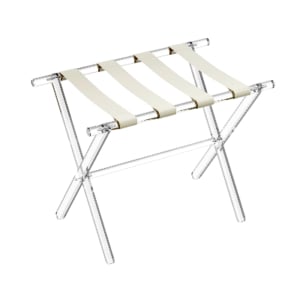Luggage rack with a clear frame and four light-colored straps.