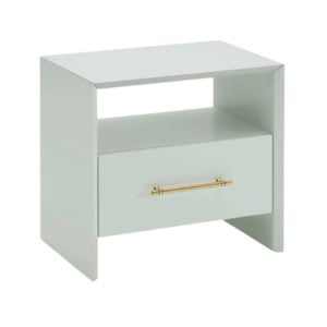 Light green nightstand with an open shelf and a single drawer with a gold handle.