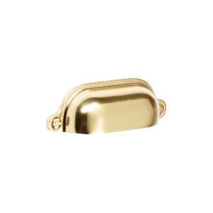 Gold-colored metal cup drawer pull with mounting screws on the sides.
