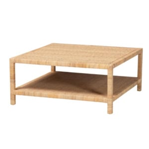 Square woven rattan coffee table with a lower shelf.