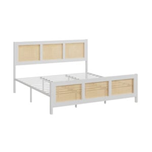 White bed frame featuring a headboard and footboard with cane webbing panels.