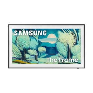 Samsung The Frame television displaying landscape artwork of stylized trees and a moon.