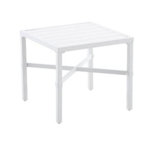 Square white metal side table with a slatted top and X-frame base.