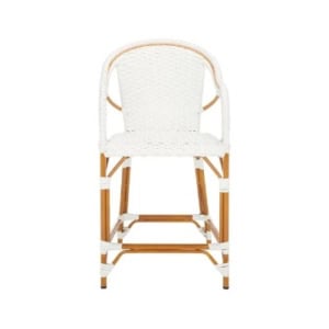 Counter-height stool with a woven white seat and back and a light wood-tone frame.