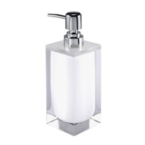 Square soap dispenser with a white cylindrical interior and a chrome pump.