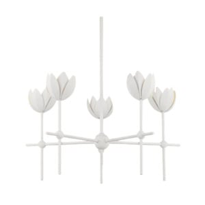 White five-light chandelier with petal-shaped shades.