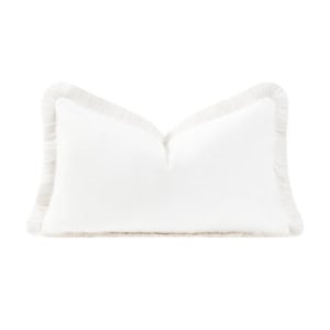 Rectangular white throw pillow with a fringe border.