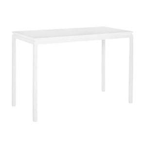 A minimalist white rectangular dining table with four slender legs.