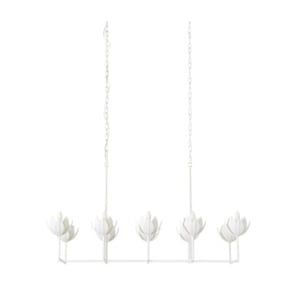 White linear chandelier featuring five lotus-shaped light fixtures suspended by two chains.