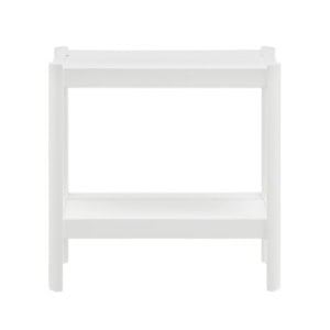 White two-tier nightstand with four legs.