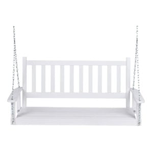 White wooden porch swing with chains.