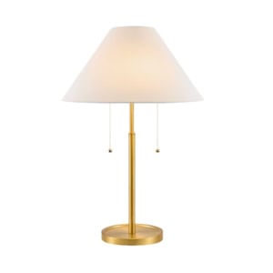 Gold-finish table lamp with a white conical shade and dual pull chains.